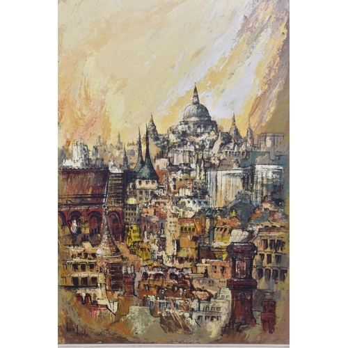 567 - BEN MAILE (1922-1017) A SUNSET CITYSCAPE, a Cathedral at the top of a hill overlooks a variety of ot... 