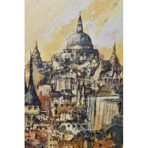 567 - BEN MAILE (1922-1017) A SUNSET CITYSCAPE, a Cathedral at the top of a hill overlooks a variety of ot... 