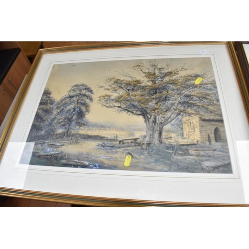 570 - A SMALL QUANTITY OF PICTURES AND PRINTS ETC, to include a watercolour of a churchyard with a landsca... 