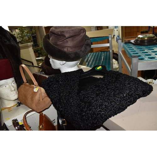 573 - A GROUP OF VINTAGE CLOTHING, HATS, HANDBAGS AND TABLE LINEN, comprising a Harrods dark brown mink fu... 