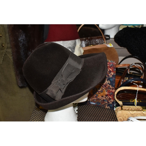 573 - A GROUP OF VINTAGE CLOTHING, HATS, HANDBAGS AND TABLE LINEN, comprising a Harrods dark brown mink fu... 