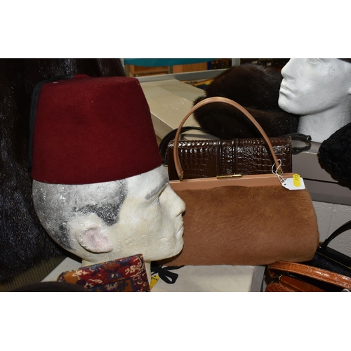 573 - A GROUP OF VINTAGE CLOTHING, HATS, HANDBAGS AND TABLE LINEN, comprising a Harrods dark brown mink fu... 