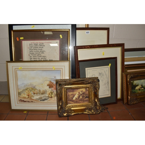 577 - A SMALL QUANTITY OF PICTURES AND PRINTS ETC, to include a indistinctly signed Victorian watercolour ... 