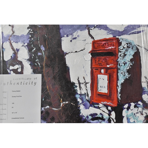 580 - TIMMY MALLETT (BRITISH CONTEMPORARY) 'SNOWY POST BOX', a signed limited edition box canvas print, de... 