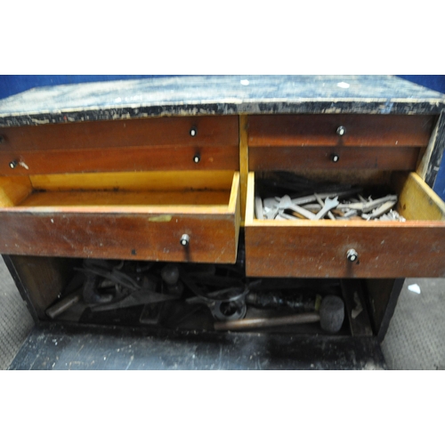 1056 - A VINTAGE WOODEN CARPENTERS TOOLBOX CONTAINING TOOLS including a Stanley 02-716 right angle brace, a... 