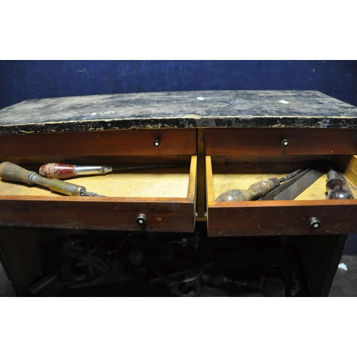 1056 - A VINTAGE WOODEN CARPENTERS TOOLBOX CONTAINING TOOLS including a Stanley 02-716 right angle brace, a... 