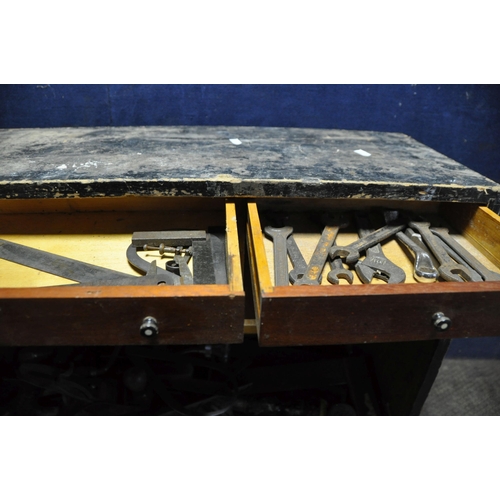 1056 - A VINTAGE WOODEN CARPENTERS TOOLBOX CONTAINING TOOLS including a Stanley 02-716 right angle brace, a... 