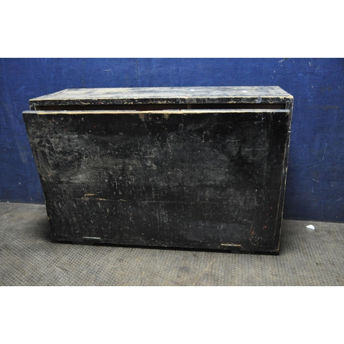 1056 - A VINTAGE WOODEN CARPENTERS TOOLBOX CONTAINING TOOLS including a Stanley 02-716 right angle brace, a... 