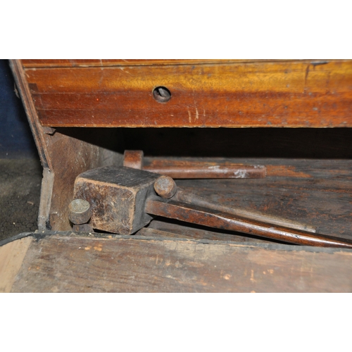 1058 - A VINTAGE CARPENTERS TOOLBOX CONTAINING TOOLS, including four internal drawer, brace and bits, a Mat... 