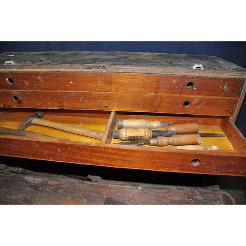 1058 - A VINTAGE CARPENTERS TOOLBOX CONTAINING TOOLS, including four internal drawer, brace and bits, a Mat... 