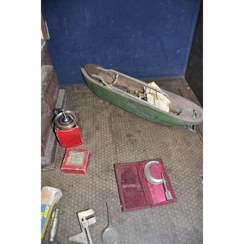 1066 - A VINTAGE WOODEN TOOLCHEST CONTAINING TOOLS AND COLLECTABLES including a project pond yacht, a Progr... 