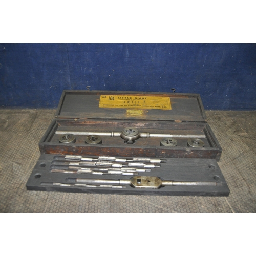 1075 - A VINTAGE 'LITTLE GIANT' No.104 IMPERIAL TAP AND DIE SET IN A WOODEN CASE (appears to be complete)