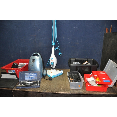 1082 - AN ELECTROLUX VACUUM CLEANER, a Vax steam mop and a box containing tools (electricals PAT pass and w... 