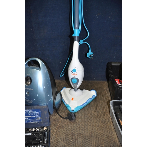 1082 - AN ELECTROLUX VACUUM CLEANER, a Vax steam mop and a box containing tools (electricals PAT pass and w... 