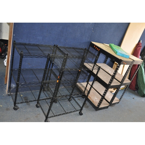 1087 - THREE BLACK CATERING SHELVING UNITS, with three shelves to each, width 59cm depth 31cm height 83cm, ... 