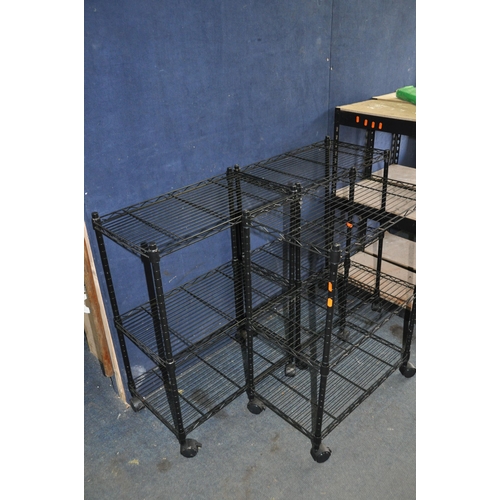 1087 - THREE BLACK CATERING SHELVING UNITS, with three shelves to each, width 59cm depth 31cm height 83cm, ... 