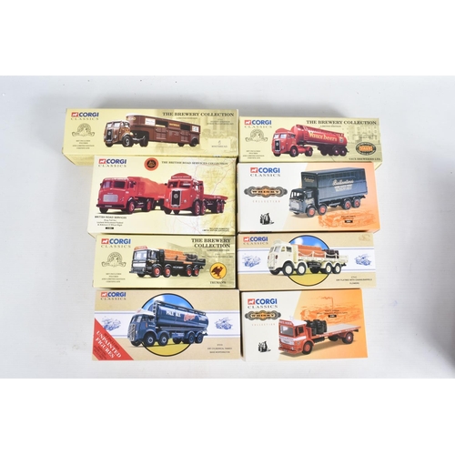 10 - EIGHT BOXED CORGI CLASSICS DIECAST BREWERY TRANSPORT MODELS, to include an AEC Chains and Barrels  s... 