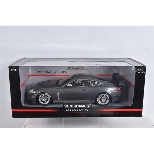 44 - FOUR BOXED 1:18 SCALE DIECAST JAGUAR MODEL CARS, to include a Minichamps 2008 Jaguar XKR GT3 in meta... 