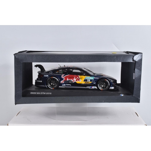 46 - FOUR BOXED 1:18 SCALE DIECAST MODEL SPORTS CARS, to include a  Redbull BMW M4 DTM 2016, a Minichamps... 