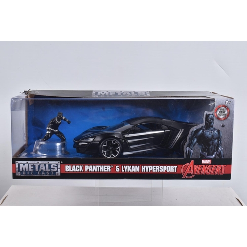 52 - SIX BOXED MARVEL COMICS DIECAST VEHICLES WITH FIGURES, to include three Avengers vehicles, a Jada  B... 