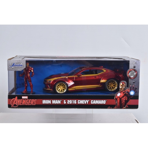 52 - SIX BOXED MARVEL COMICS DIECAST VEHICLES WITH FIGURES, to include three Avengers vehicles, a Jada  B... 