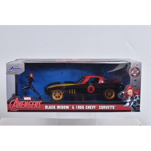 52 - SIX BOXED MARVEL COMICS DIECAST VEHICLES WITH FIGURES, to include three Avengers vehicles, a Jada  B... 