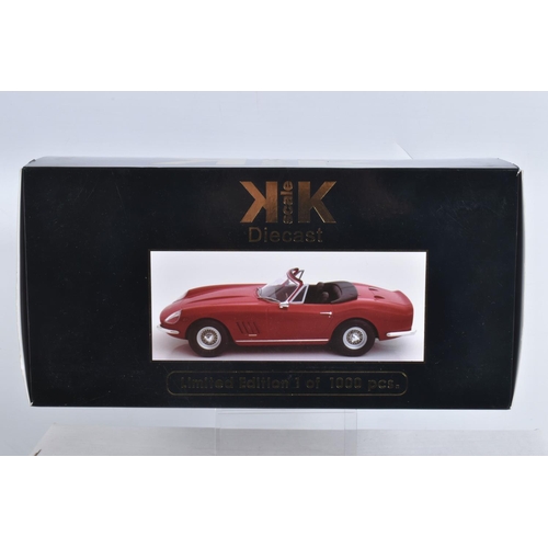 53 - THREE BOXED 1:18 SCALE DIECAST MODEL SPORTS CARS, to include a KK Ferrari 275 GTB/4 NART Spyder '67 ... 