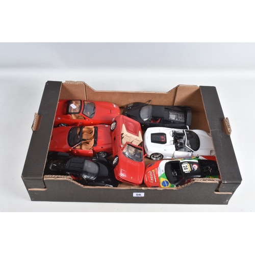 56 - A COLLECTION OF UNBOXED 1:18 SCALE DIECAST MODEL CARS, to include a Maisto Ferrari 550 Maranello in ... 