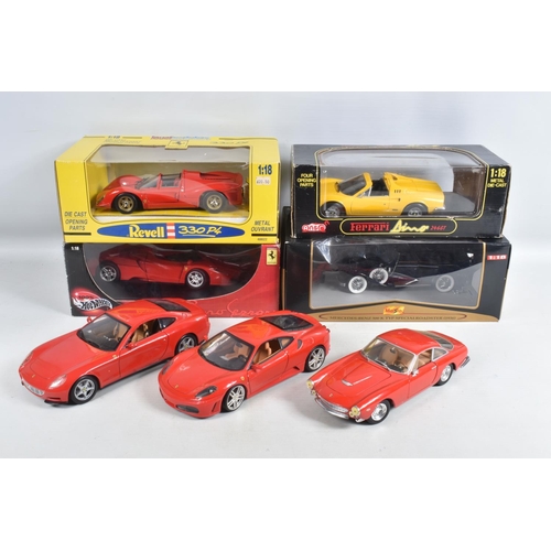 61 - A COLLECTION OF BOXED AND UNBOXED 1:18 SCALE DIECAST MODEL FERRARIS, to include 3 unboxed Mattel Hot... 