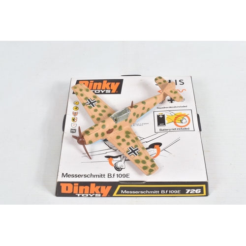 78 - THREE DINKY TOYS MILITARY AIRPLANE MODELS, to include a RAF Dominie, in blue/green, model no. 728, a... 