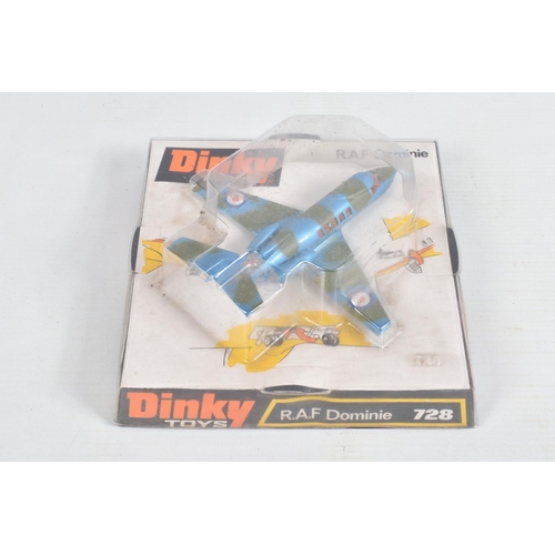 78 - THREE DINKY TOYS MILITARY AIRPLANE MODELS, to include a RAF Dominie, in blue/green, model no. 728, a... 