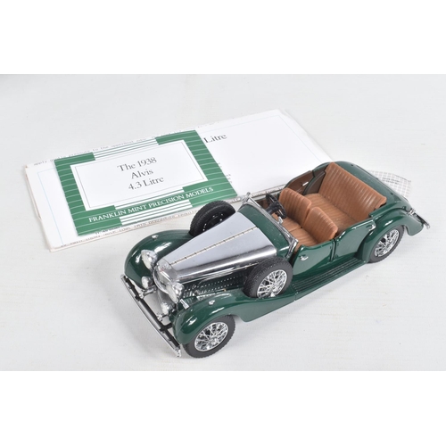 82 - FOUR DANBURY MINT AND  FRANKLIN MINT DIECAST MODEL CARS,  to include a Franklin Mint Jaguar SS-100 w... 