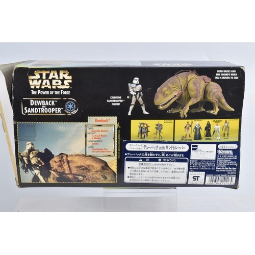 91 - FIVE BOXED START WARS FIRGURES AND AIRCRAFTS, to include a Kenner Power of the Force Dewback and San... 