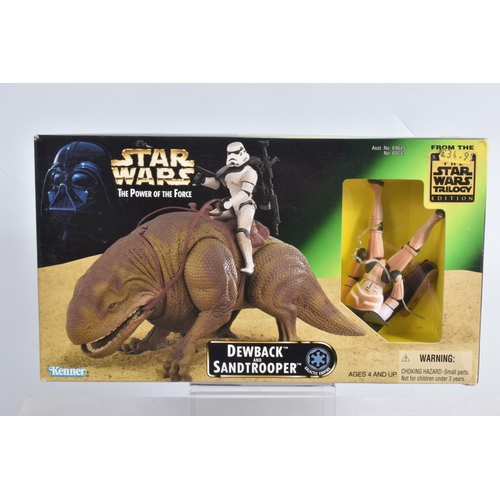 91 - FIVE BOXED START WARS FIRGURES AND AIRCRAFTS, to include a Kenner Power of the Force Dewback and San... 