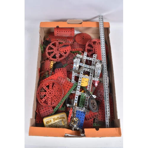 128 - A QUANTITY OF ASSORTED LOOSE MECCANO, assorted parts from red and green & yellow and blue eras to 19... 