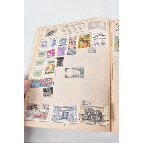 210 - SMALL BOX OF STAMPS WITH 5 JUNIOR TYPE ALBUMS AND A TIN OF OLDER STAMPS