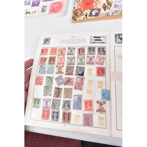 210 - SMALL BOX OF STAMPS WITH 5 JUNIOR TYPE ALBUMS AND A TIN OF OLDER STAMPS