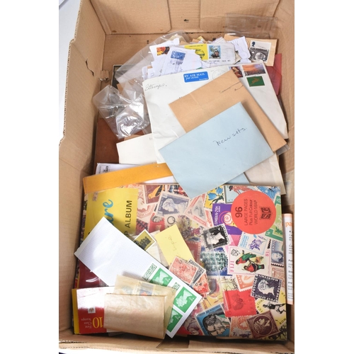 212 - BOX WITH AN ACCUMUALTION OF STAMPS LOOSE IN PACKETS AND IN LL ALBUM TOGETHER WITH A FEW EMPTY /UNUSE... 