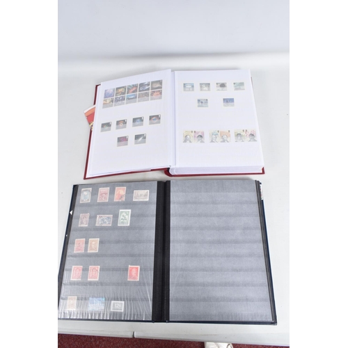 220 - LARGE COLLECTION OF STAMPS IN 2 BOXES, A TIN AND 2 BAGS. WORLDWIDE CONTENT WITH MAIN VALUE IN GB MIN... 