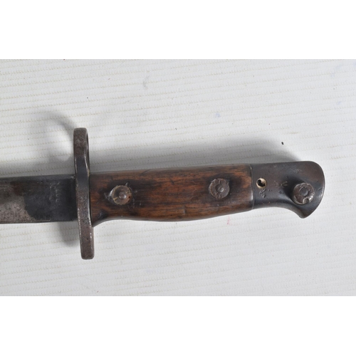 265 - A WWI 1907 PATTERN LEE ENFIELD BARONET, the blade has a single fullered edge and the handle has wood... 