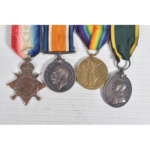 277 - GROUP OF FOUR MEDALS ON A WEARING BAR, consisting 1914-15 Star, British War & Victory medals, named ... 