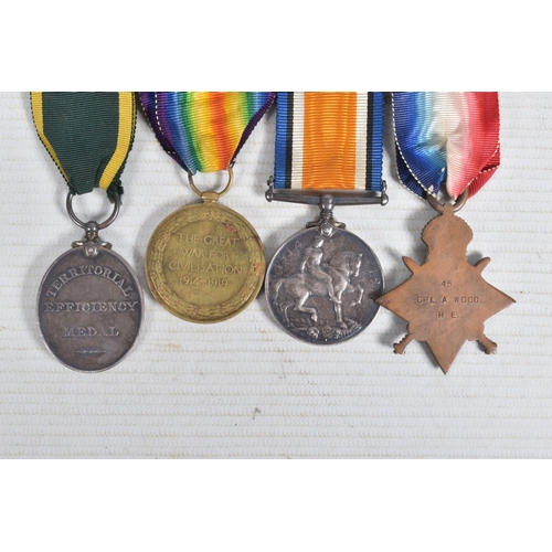 277 - GROUP OF FOUR MEDALS ON A WEARING BAR, consisting 1914-15 Star, British War & Victory medals, named ... 