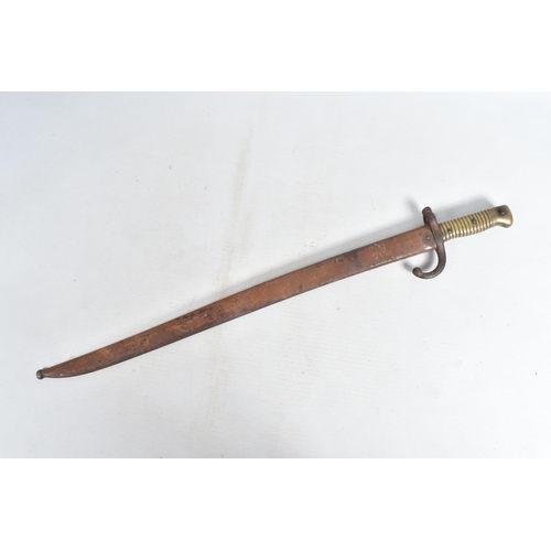 279 - TWO FRENCH CHASSEPOT RIFLE BAYONETS, both with scabbards, which are showing age and rusted. with the... 