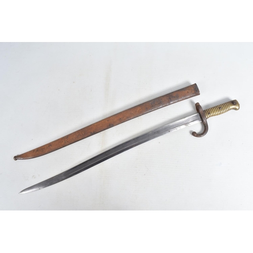 279 - TWO FRENCH CHASSEPOT RIFLE BAYONETS, both with scabbards, which are showing age and rusted. with the... 