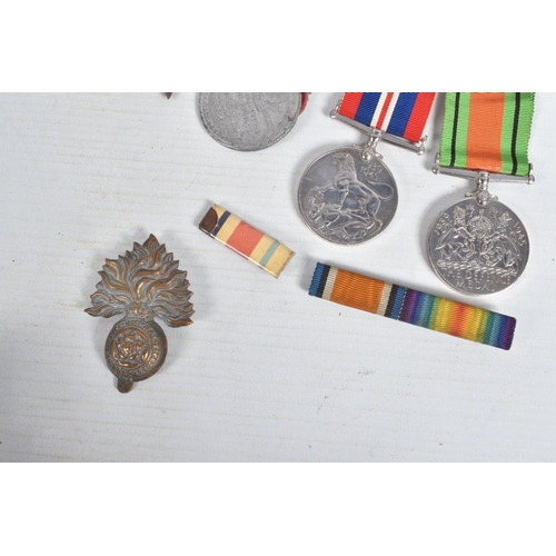 288 - ATTRIBUTED WWII MEDAL GROUP, & OTHER INSIGNIA, a War & Defence Medal pair together with RAF Cap badg... 