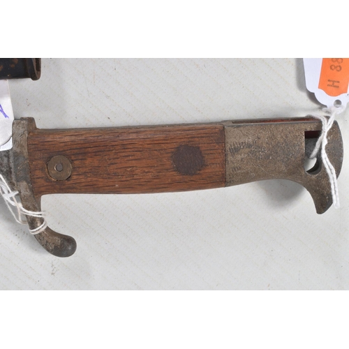 291 - A WWI ERA GERMAN BUTCHER BAYONET COMPLETE WITH SCABBARD, the blade is in good condition but does hav... 