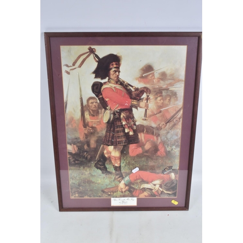 310 - TWO LARGE GLAZED PRINTS WITH NAPOLEONIC WAR INTEREST, to include   Piper Kenneth McKay at Waterloo  ... 