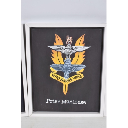 312 - THREE HANDPAINTED PICTURES OF MILITARY CRESTS RELATING TO THE MILITARY SERVICE OF PETER McAleese, al... 