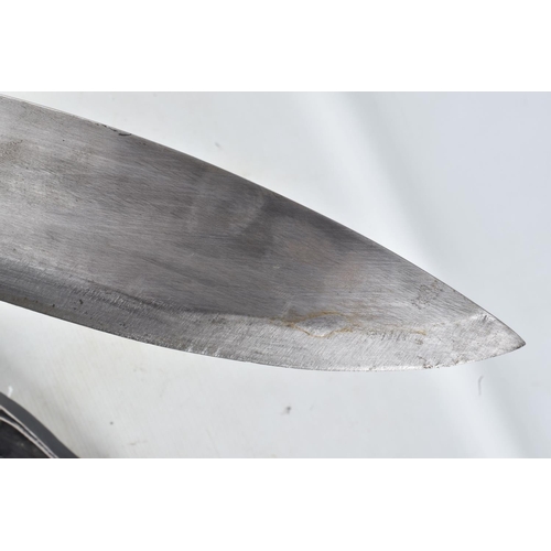 329 - A KUKRI STYLE KNIFE IN ITS ORIGINAL SHEAF, the blade is not decorated and shows some age related wea... 