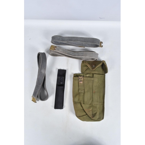 330 - A BOX OF ASSORTED MILITARIA, including canvas belts and holsters, three strung dog tags for 10571193... 